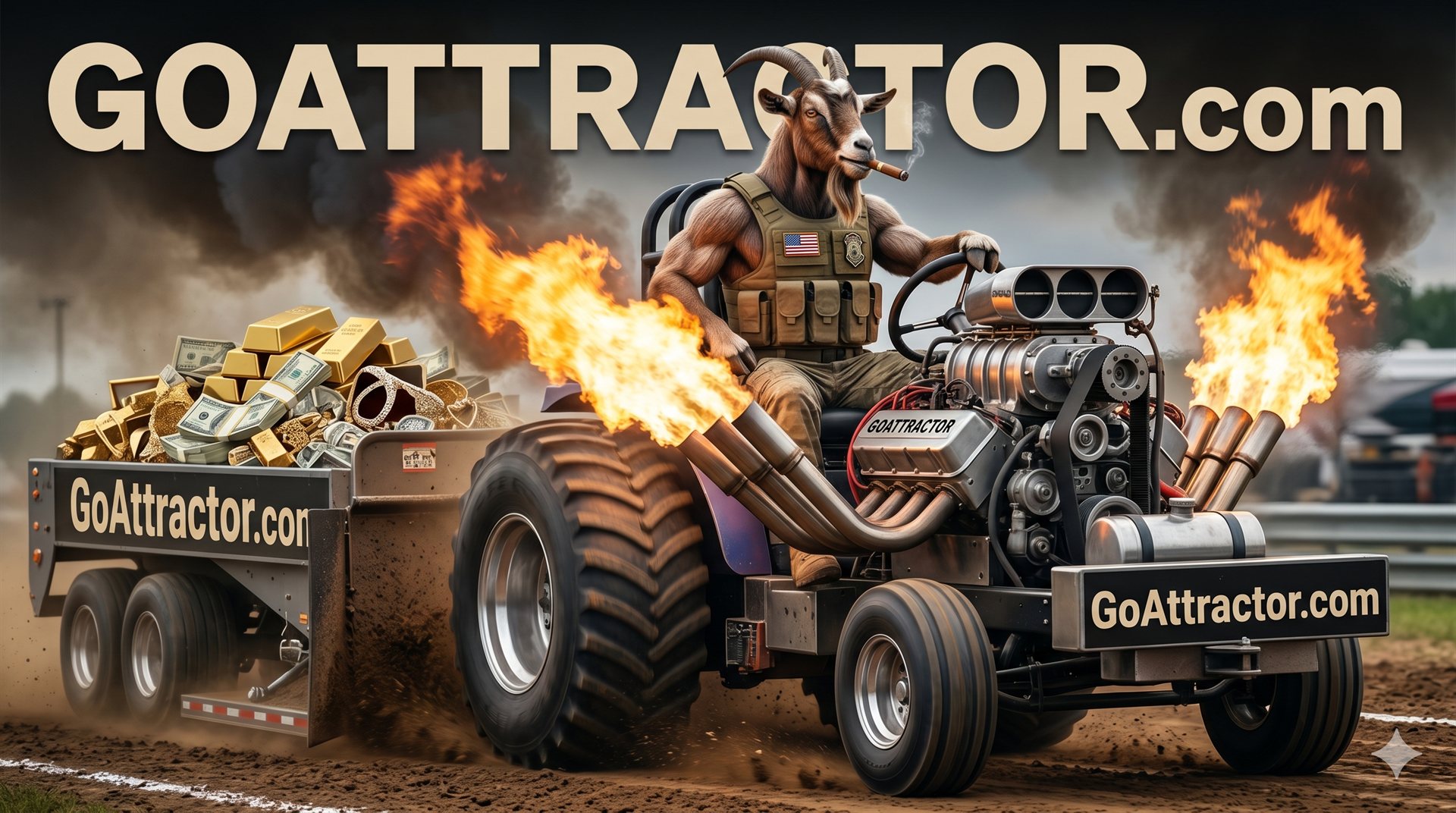 GoAttractor — muscular goat in tactical vest atop a supercharged hot-rod tractor pulling a cart of gold bars and cash